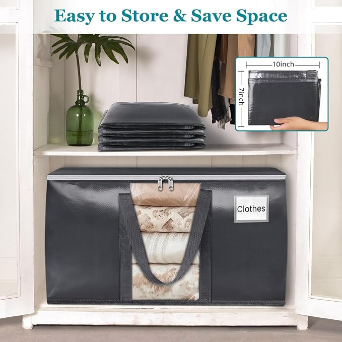 HomeHacks 2 Pack Extra Large Moving Bags with Visual PVC Window & Zippers, Storage Totes with Reinforced Handles, Heavy Duty Storage Bags for Packing, Moving, Storage (125L,Grey)