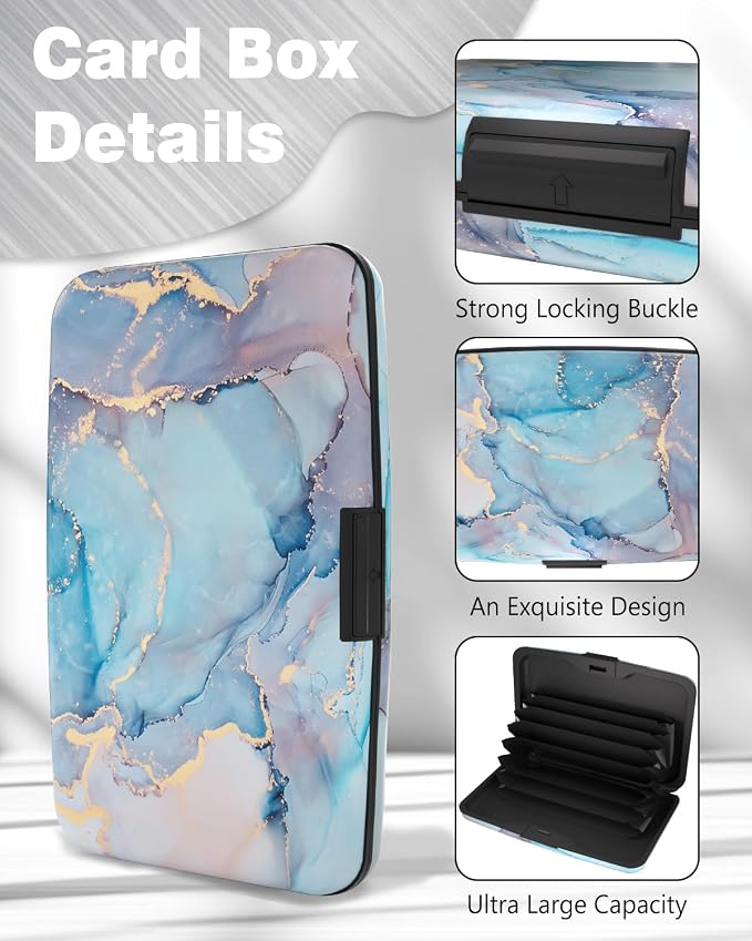 Maicican Credit Card Holder, Mini RFID Blocking Aluminum Wallet | Slim Metal Hard Case Travel Wallet ID Case for Women and Men, 4.3 x 2.9 Inches, Blue Marbling
