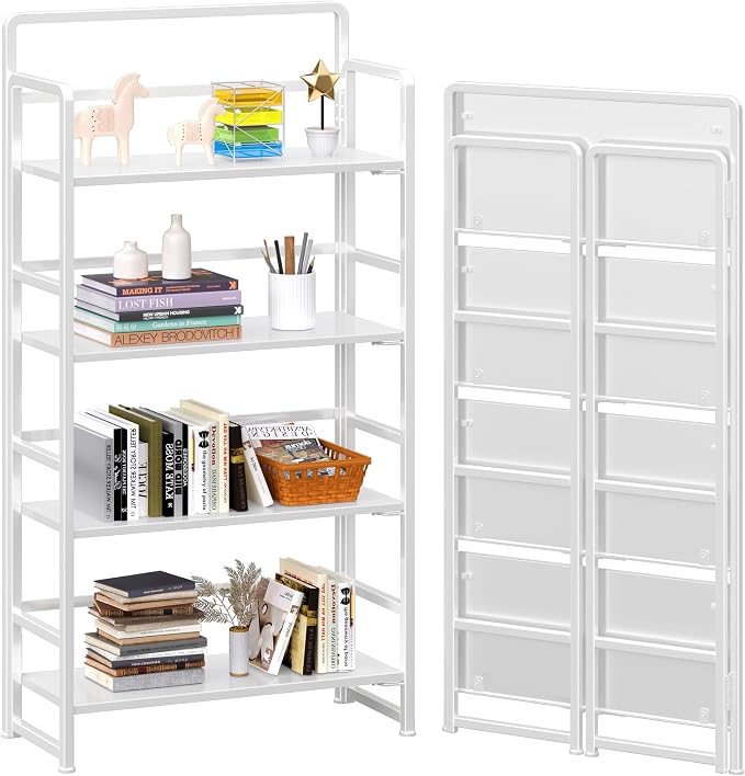 4NM No Assembly Folding Bookshelf, 4-Shelf 54" H Collapsible Foldable Bookcase Storage for Small Spaces, All White