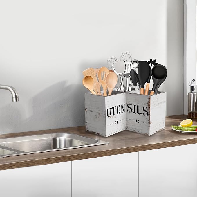 Suli Extra Large Utensil Holder Countertop for Kitchen Counter,White Grain | Hold 40 Utensil,Removable Divider,Rutic Silverware Organizer Caddy,Spacesaving,Farmhouse Cooking Crock for Spatula,Spoon,Wood