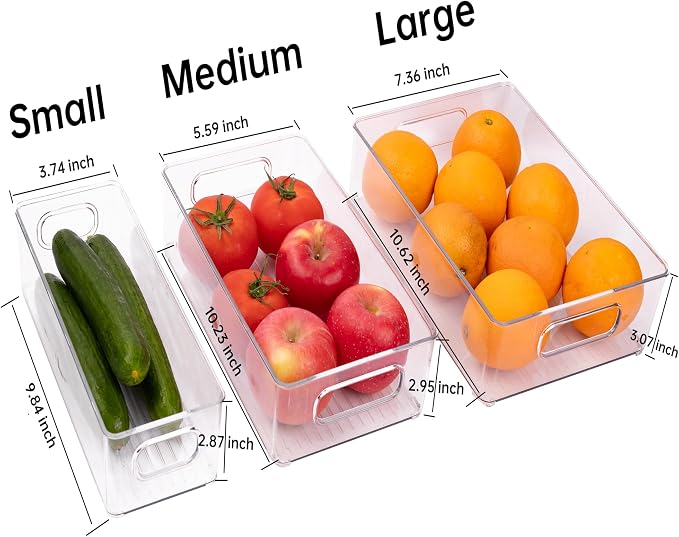6 Pack Refrigerator Organizer Bins | 3 Sizes Stackable Clear Pantry Storage with Handles for Fridge, Freezer, Shelves, Drawer, Snack Organizer for Home & Kitchen