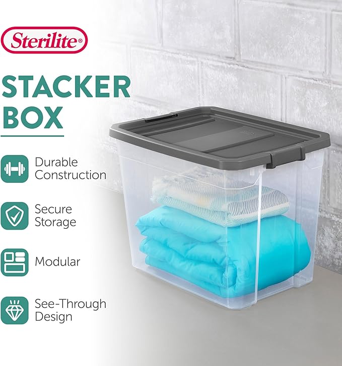 Sterilite 12-Pack Modular Stacker Box, Durable Clear Plastic Storage Bins with Latching Lids, 108 Quart - Stackable Organizing Container Boxes for Closet, Bathroom, and Office