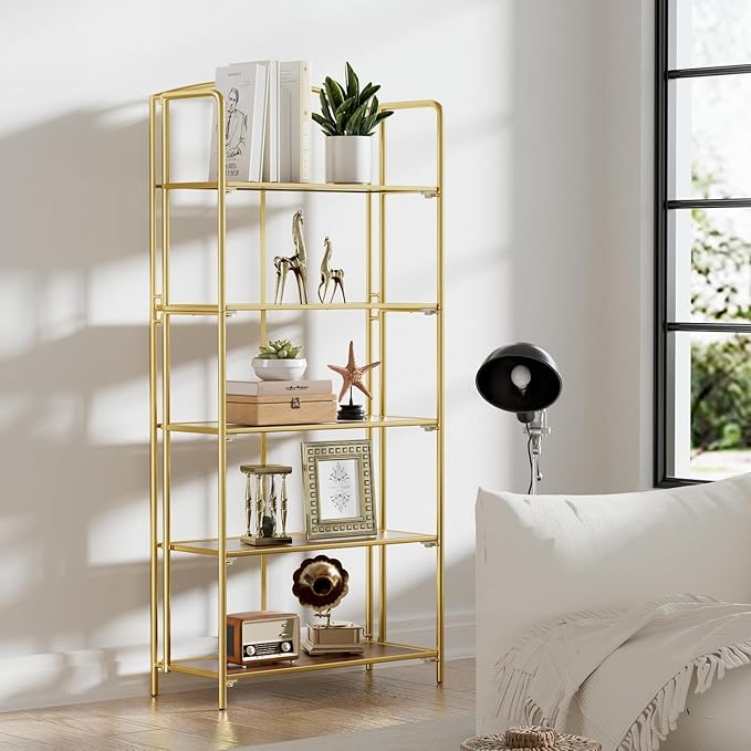 Crofy 5-Tier Wider Foldable Bookshelf, Gold Frame & Walnut Shelves | Collapsible Portable Storage Organizer; Sturdy Walnut Finish Shelves; Ideal for Living Room & Home Office