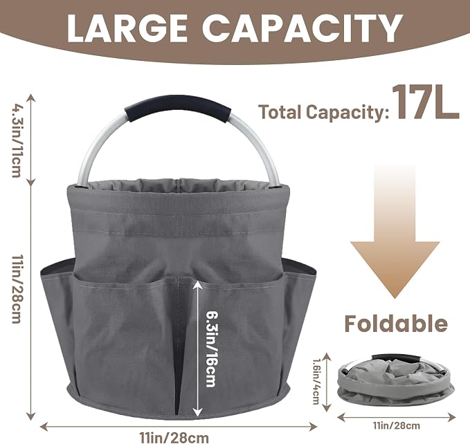 Cleaning Caddy with Handle, 17L Cleaning Supplies Organizer, Grey | 600D Oxford Fabric Storage Basket with 6 Pockets, Multifunctional Bucket Bag for Picnics, Camping, Gardening, Bathing