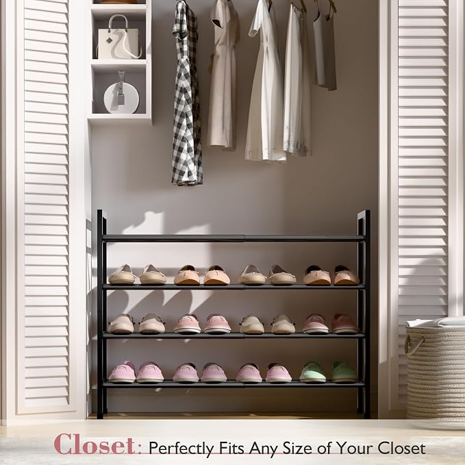 Bumusty 4-Tier Expandable Shoe Rack for Closet, 18“-33” Adjustable Shoe Rack for Small Space, Small Shoe Organizer for Front Door, Sturdy Metal, Light Grey