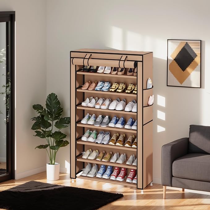 Laiensia 7-Tier Vertical Shoe Rack Organizer, Space Saving Shoe Storage Organizer, Non-Woven Cover Shoe Shelf Holds 28-35 Pairs for Bedroom, Hallway, Closet Entryway, Brown