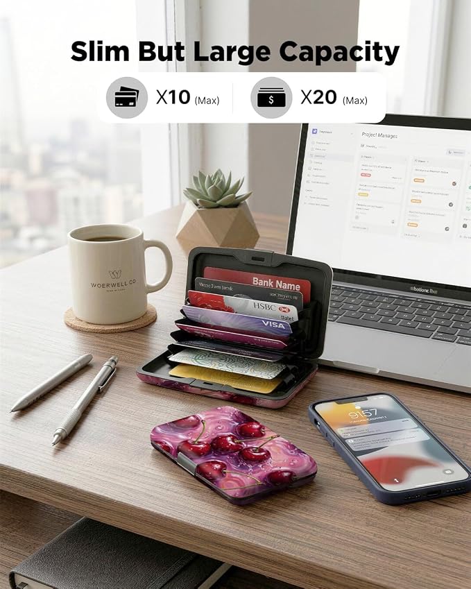 Maicican RFID Blocking Aluminum Credit Card Holder | Slim Metal Wallet for Women & Men, Business Card Case for Travel, Fits Front Pocket, Card holder wallet - Red cherries