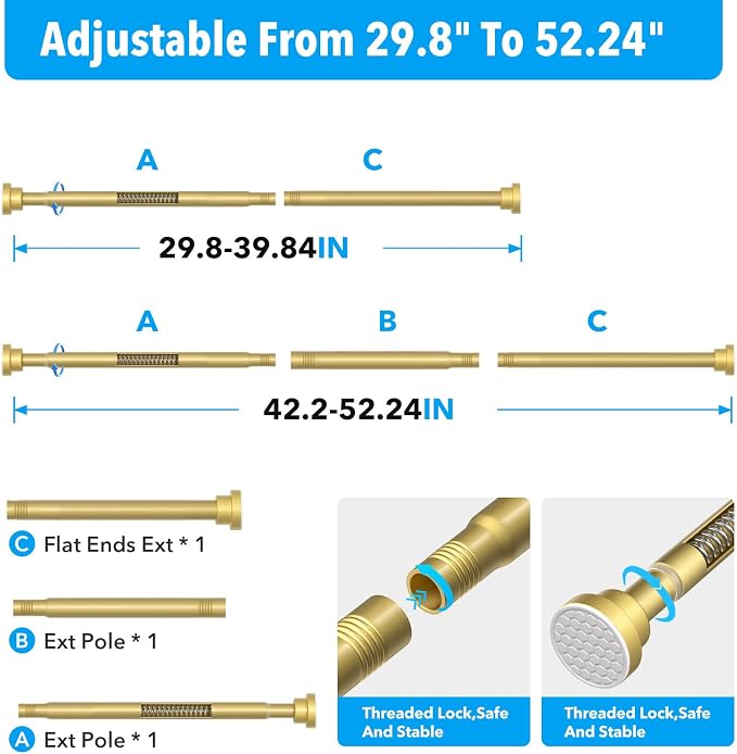 Tension Curtain Rod Gold Tension Rod 28 To 48 Inch Spring Curtain Rods Non Slip Tension Rods 1pcs for Windows No Drilling Adjustable Tension Rods of Curtains Window Closet Kitchen Wardrobe