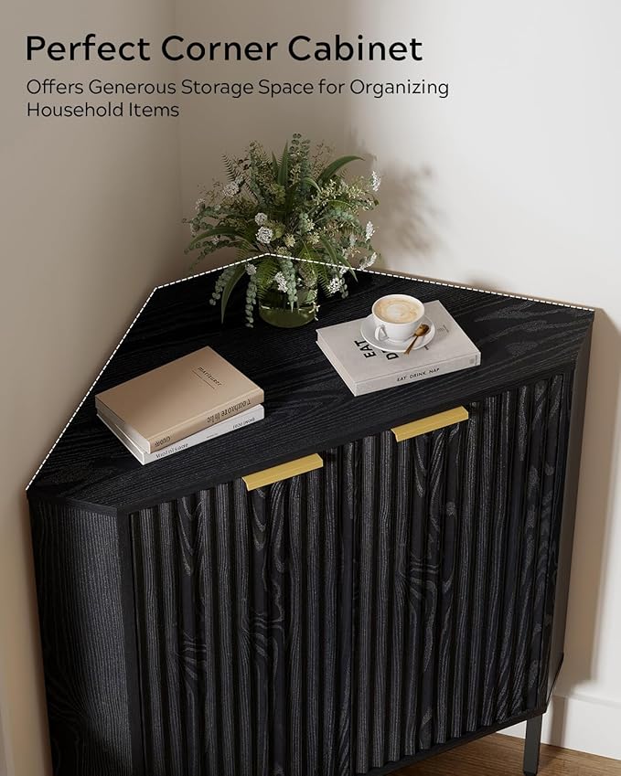Modern Fluted Corner Cabinet, Small Floor Storage Cabinet with Adjustable Shelf & Metal Legs, Wooden Freestanding Narrow Organizer for Living Room Kitchen, Black
