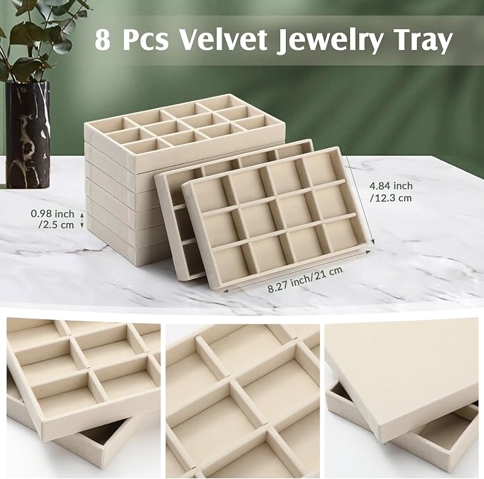 Highergo 8 Pcs Velvet Jewelry Trays Stackable Drawers Organizer Ring Earring Bracelet Necklace Storage Trays, 8.3x4.7x1''(12 Grids)