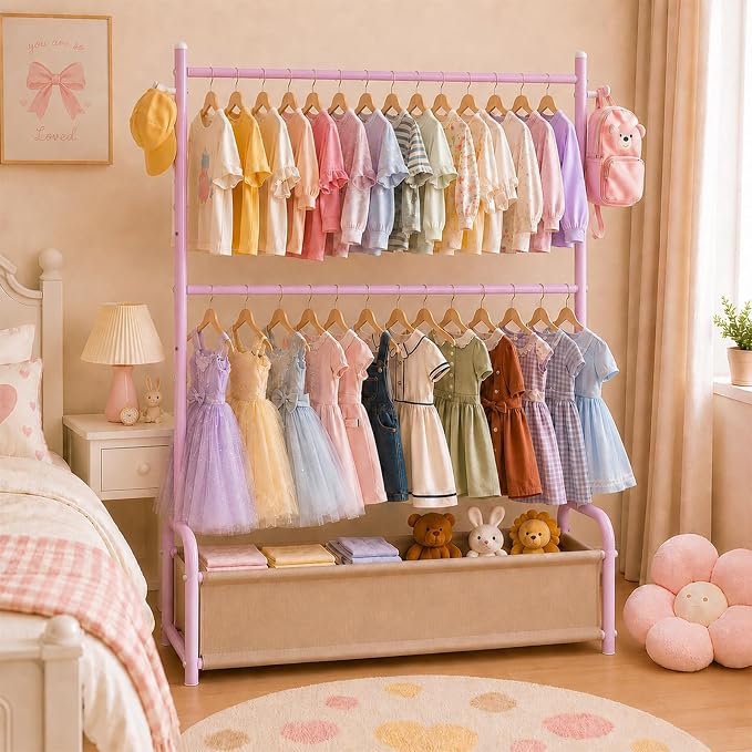 Kids Clothing Rack with Double Rod, Storage Basket & Hooks, Height Adjustable Kids Clothes Rack, Portable Baby Dress Up Garment Rack for Princess Dresses, Pink