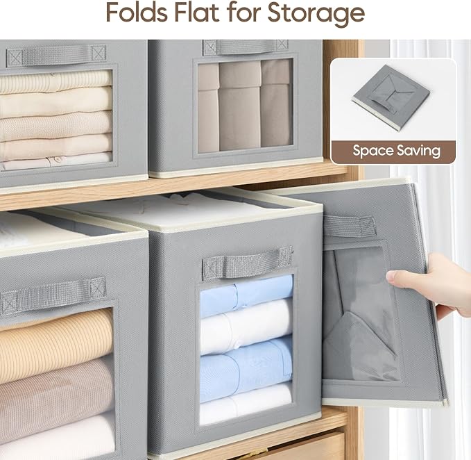 Homsorout Bins for Closet Organization - Cubby Storage Organizer with Window, Closet Baskets for Shelves, Folding Cubes for Storage, Storage Bins for Home, 11inch, Set of 8, Grey