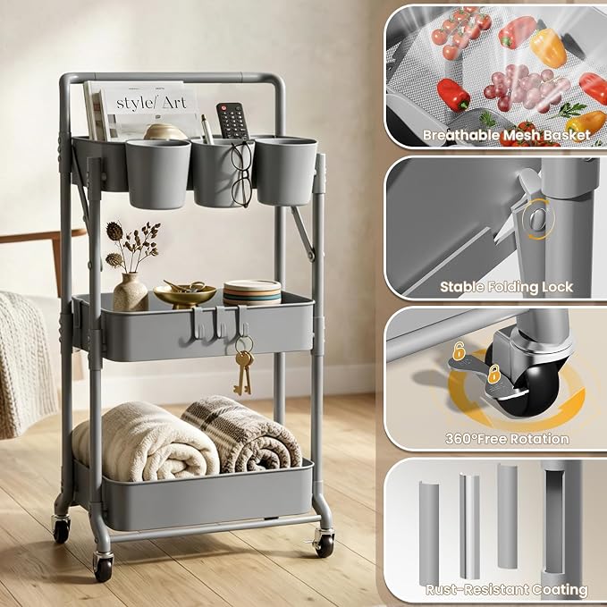 Foldable 3 Tier Metal Utility Rolling Cart, Folding Mobile Multi-Function Storage Trolley Organizer Cart for Home Library Office(Grey)