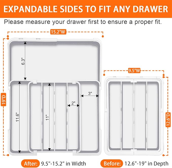 Spaclear Silverware Drawer Organizer, Adjustable Utensil Tray for Kitchen Drawer, 19 x 15 Inches Flatware and Cutlery Holder, Expandable Plastic Storage for Spoons Forks Knives, 4-7 Slots, White