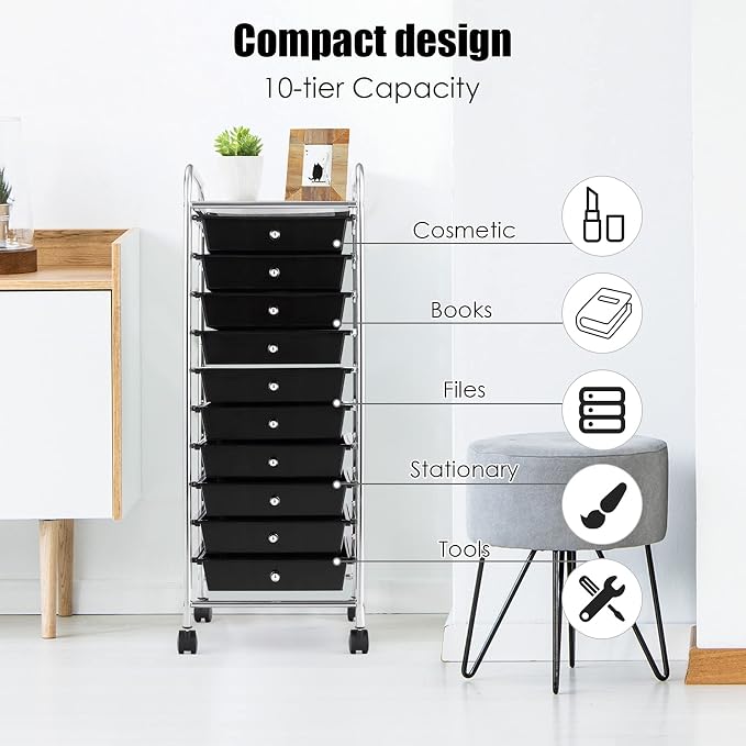 GOFLAME 10-Drawer Rolling Storage Drawer Cart, Utility Cart with Removable Drawers & Metal Frame, Mobile Art Craft Drawer Cart with Lockable Wheels for Home, Office, Studio, School, Black