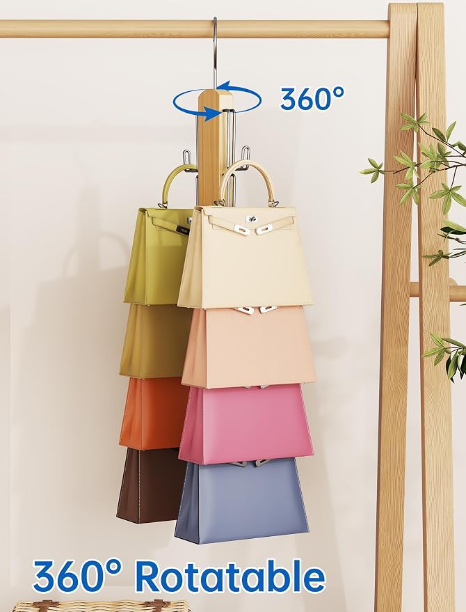 NiHome Wooden Purse Organizer for Closet, 8 Extra-Wide Metal Hooks Handbag Hanger, Space-Saving Hanging Bag Holder & Purse Rack for Closet Organization (Natural, 2 Pack)