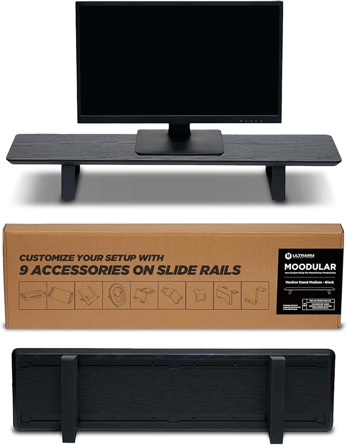 ULTRARM Moodular Wooden Monitor Stand Desk Organizer, Standard 33.4" Black | Customizable Organized Workspace, Aluminum Slide Rails, 10 Add-Ons Sold Separately: Storage Drawer, Tablet, Phone & More