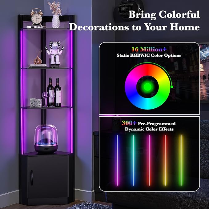 5-Tier Corner Shelf with RGB LED Light, 65" Tall Display Cabinet | Remote & APP Control, Adjustable Brightness/Color Temp, Floor Lamp with Shelves for Living Room Bedroom
