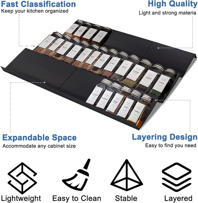 Expandable Spice Drawer Rack Organizer Insert for Kitchen Cabinet - Multi Tier Adjustable Spice Storage Shelf for Seasoning and Jar, Pack of 9