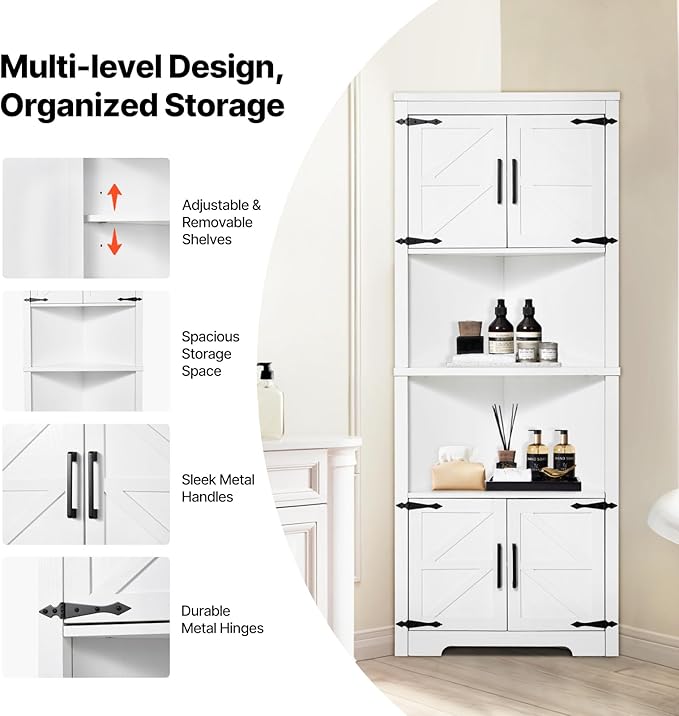 VEVOR 68" Tall Corner Storage Cabinet, 6 Tiers Farmhouse Storage Cabinet with 4 Wooden Doors & Adjustable Shelves, Freestanding Corner Kitchen Cabinet for Living Room, Kitchen, Laundry Room, White