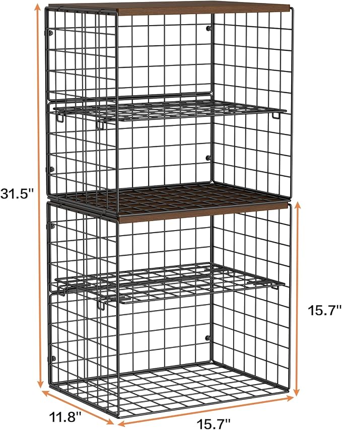 Huxitocan 4-Tier Stackable Closet Organizers and Storage Shelves, Closet Storage Basket with Wood Tops, Adjustable Height Dividers Closet Storage Bins for Home Closet Organizer System, Black