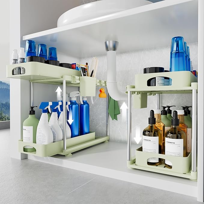 VERIFOST Under Sink Organizer, 2 Pack Under Kitchen Bathroom Cabinet Organizer, 2 Tier Under Bathroom Kitchen Sink Organizer, Adjustable Height Bathroom Kitchen Cabinet Organizers and Storage, Green