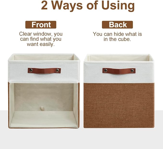 Bagnizer Storage Cubes, 4 Pack Linen Foldable Storage Bins with Clear Window and 2 Handles, 13x15x13 Storage Cube Bins for Shelf Closet, Kallax, Clothes, Books - (Brown / Off-White)