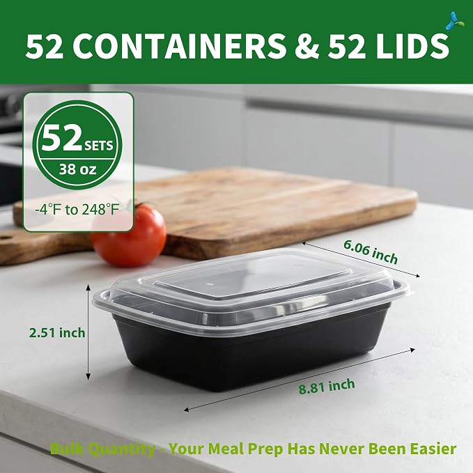 38oz Heavy Duty Meal Prep Containers, 52 Pack 1 Compartment with Lids | BPA Free Disposable Plastic Food Storage Boxes, Microwave Freezer Dishwasher Safe for Lunch, Leftovers, Restaurant Takeout