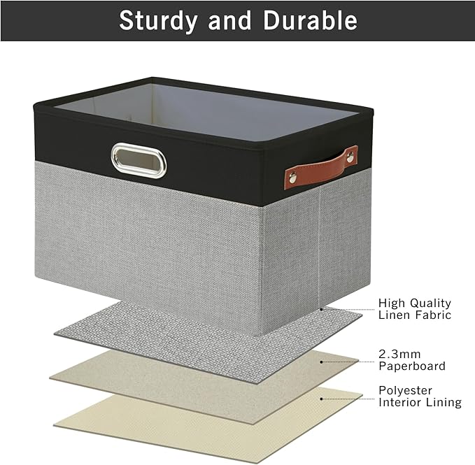 Bagnizer Large Collapsible Fabric Storage Bins with 3 Handles, Foldable Organizer Baskets for Closet, Shelves, Living Room | 3 Pack, Durable PU & Metal Handles (14.9"x9.8"x9.8", Black & Gray)
