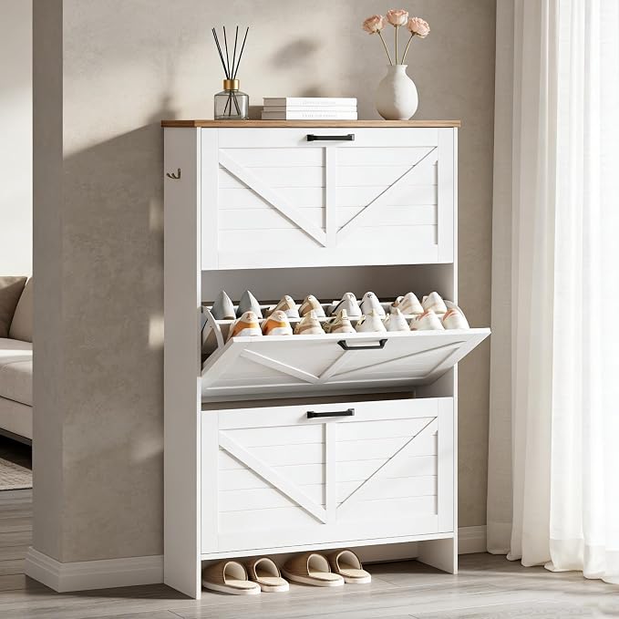 Shoe Cabinet for Entryway, 3 Flip Drawers Shoe Storage Cabinet with 3-Tier Adjustable Shelves, Ultra Slim 9.1" Depth Holds Up to 30 Pairs, Freestanding Hidden Shoe Organizer with Barn Door Design