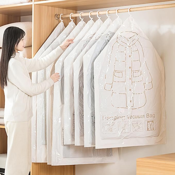 6Pcs Hanging Vacuum Storage Bags for Clothes, with Hand Pump Compressed Sealed Space Saver for Suits Dresses