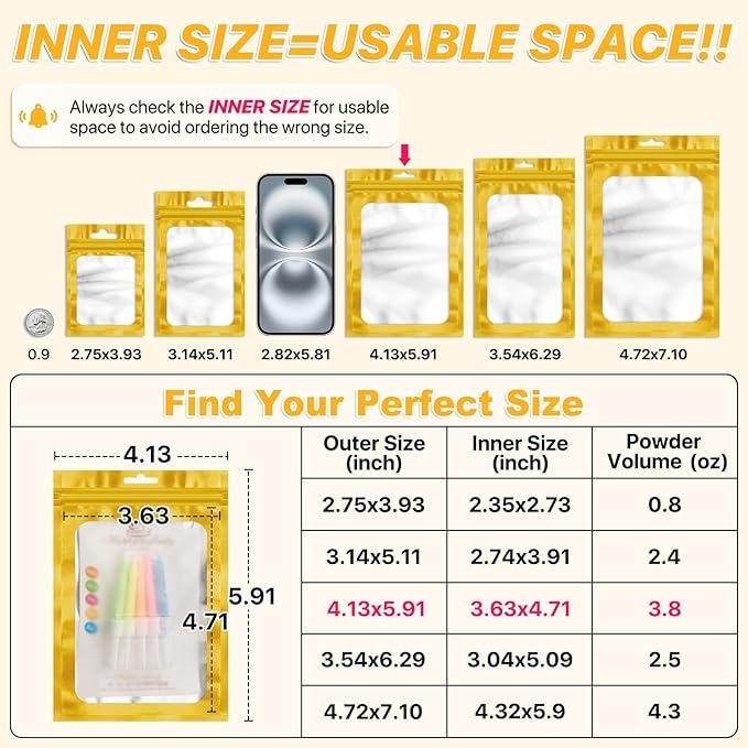 100 Pack Resealable Bags, Resealable Packaging Mylar Bags, Heat Seal Bag with Frosted Clear Window, Foil Pouch Smell Proof Zipper Bag for Food Storage (Golden, 4.13 x 5.91)
