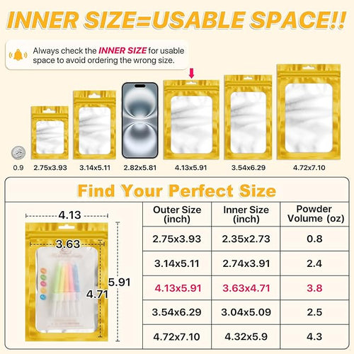 100 Pack Resealable Bags, Resealable Packaging Mylar Bags, Heat Seal Bag with Frosted Clear Window, Foil Pouch Smell Proof Zipper Bag for Food Storage (Golden, 4.13 x 5.91)