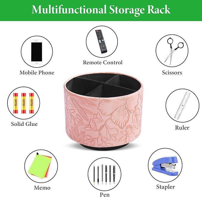 Round Leather Art Supply Organizer,Remote Control Holder,360 Degree Spinning,Multi-Functional Pencil Holder,4 Compartments Desktop Stationary Organizer(1-Carved Pink)