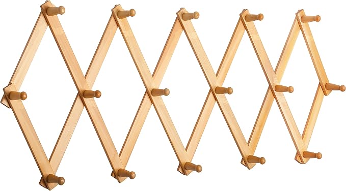 SKOLOO Accordion Wall Hanger with 16 Hooks, Modern Expandable Coat Rack Hat Rack for Wall, Solid Wooden, Natural Color