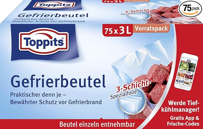 Toppits Freezer Bags Storage Pack, 3 Litre, 75 Pieces, Stand-Up Base, Clear