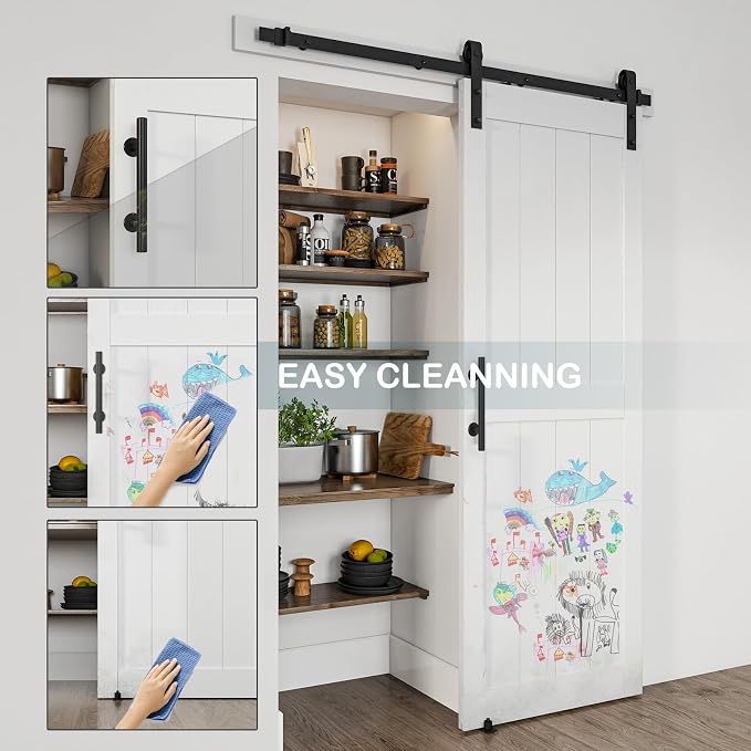 30''x 80'' Sliding Barn Door with 6.6 Ft Barn Door Hardware Kit | Pre-Drilled Holes Easy Assembly - Include Installation Manual, Water-Proof PVC Surface, H-Frame, White