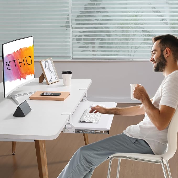 ETHU Under Desk Keyboard Tray - Small Slide Out Keyboard Shelf with C Clamp Mount, 19.7" x 11.8" Ergonomic Pull Out Tray for Home Office Desk, White