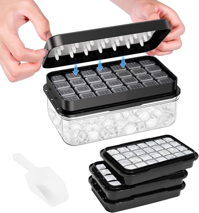 0.8“ Ice Cube Tray with Lid and Bin, PHINOX 84 Cubes Ice Trays for Freezer, Ice Cube Trays for Freezer with 3 trays, Container, Lid & Ice Scoop, BPA Free, Black(28Cubes/Tier)