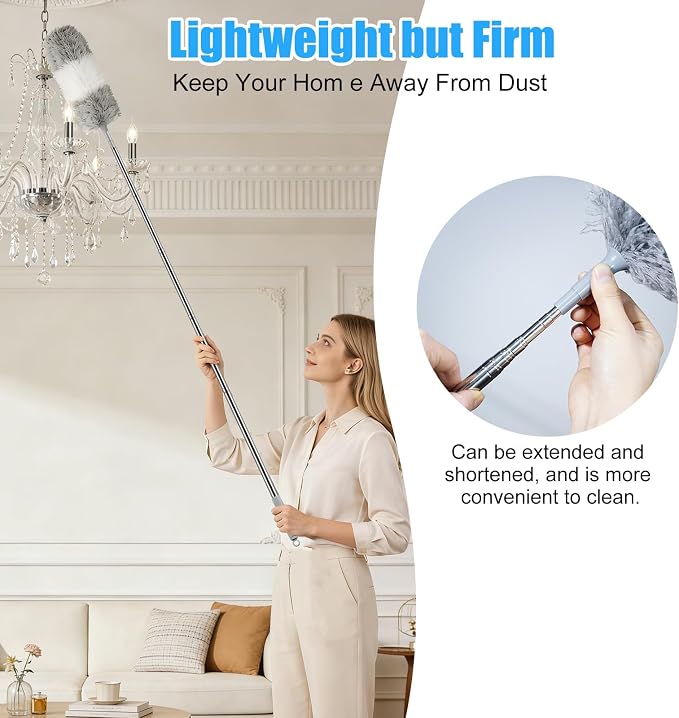 Microfiber Feather Duster, 110 Inch Extendable Telescoping Pole Duster with Bendable Washable Head, Long Handle Cleaning Duster for Ceiling Fan, High Ceiling, Blinds, Furniture and Cars(Gray)