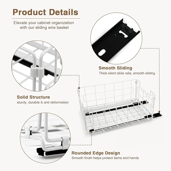 Pull Out Cabinet Sliding Basket Organizer, No Drill, Black | Heavy Duty Slide Out Drawer for Kitchen Cabinet, Adhesive Sliding Shelves for Kitchen Bathroom Home, 13.8"D x 8.5"W x 6.3"H