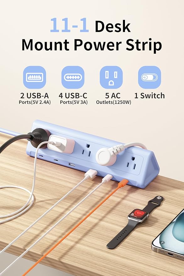 6.5 FT Desk Clamp Power Strip with 5 AC Outlets & 6 USB Ports PD 40W USB-C Fast Charging, Extension Cord with Multiple Outlets, Fits 2.1 in top Edge Blue