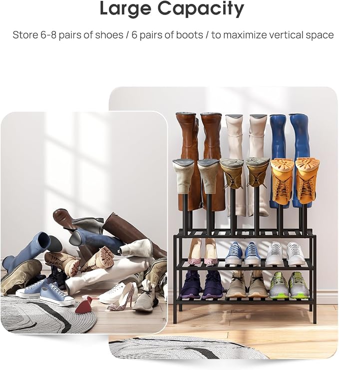 viewcare Black Boot Rack, Boot Rack Organizer Tall Boots with Shoe Rack for Closet, Bamboo Wood Shoe Shelf Storage Organizer for Entryway Small Space