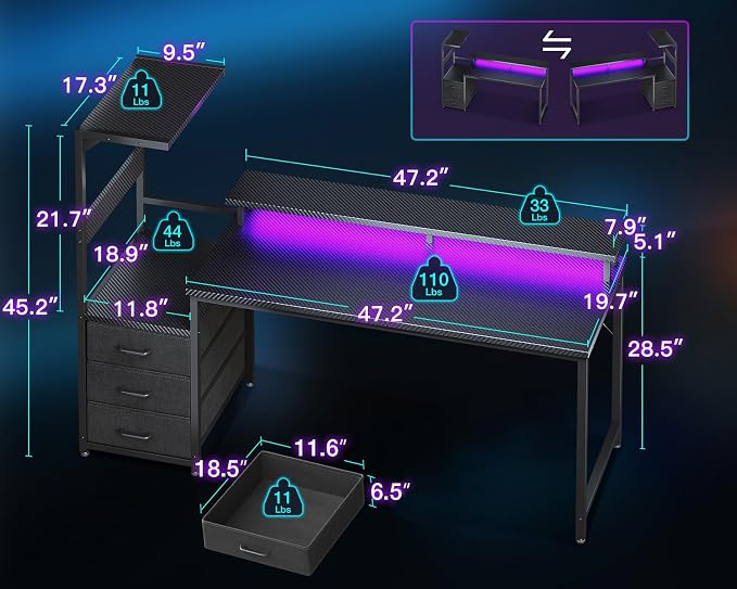 AODK Gaming Desk w/PC Showcase Stand, 59" Reversible, RGB LED, Black | Elevated stand fits Lian Li O11, Hyte Y60. Triple drawers hide cables, controllers, clutter.Your build deserves to be seen.