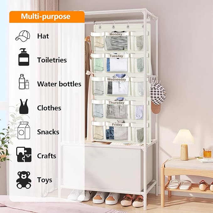 Weekly Hanging Closet Organizer for Kids,Day of Week Kids Clothes Organizer,School Clothing Storage Monday to Friday Hanging Closet Organizer Shelves for Bedroom,Bathroom,Dorm (Beige)