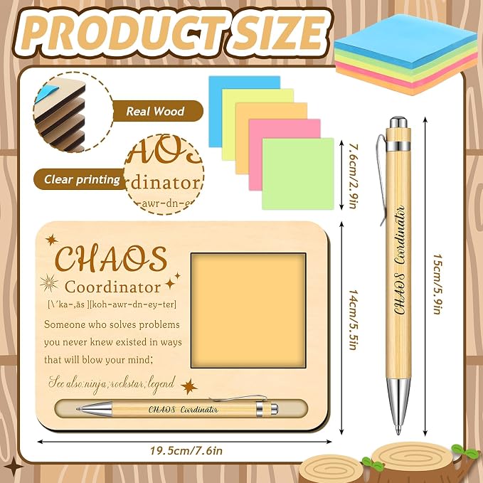 Kosiz 10 Set Chaos Coordinator Appreciation Gifts Bulk Wooden Sticky Note Holder with Notes and Ballpoint Pens Chaos Coordinator Thank You Gifts for Teacher Back to School Party Supplies