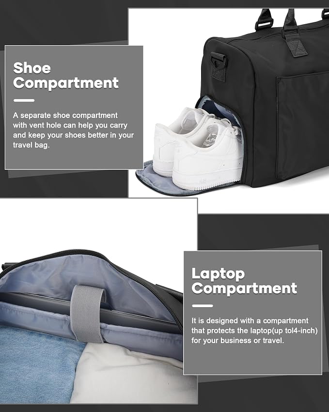 Gym Bag for Women Men Duffle Bags for Travel with Shoe Compartment Shoulder Weekender Overnight Carry on Tote Bags for Airplane Beach Bag Workout Yoga Sport Swimming Black