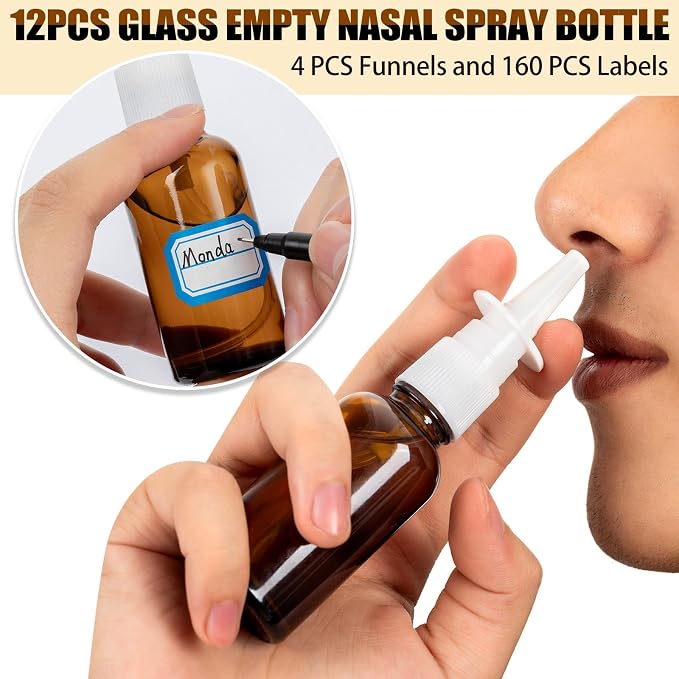 20 Pcs Nasal Spray Bottle, 30ML/1oz 12 Pcs Empty Refillable Fine Mist Glass Nasal Spray Bottle with 4 Funnels and 4 Labels…