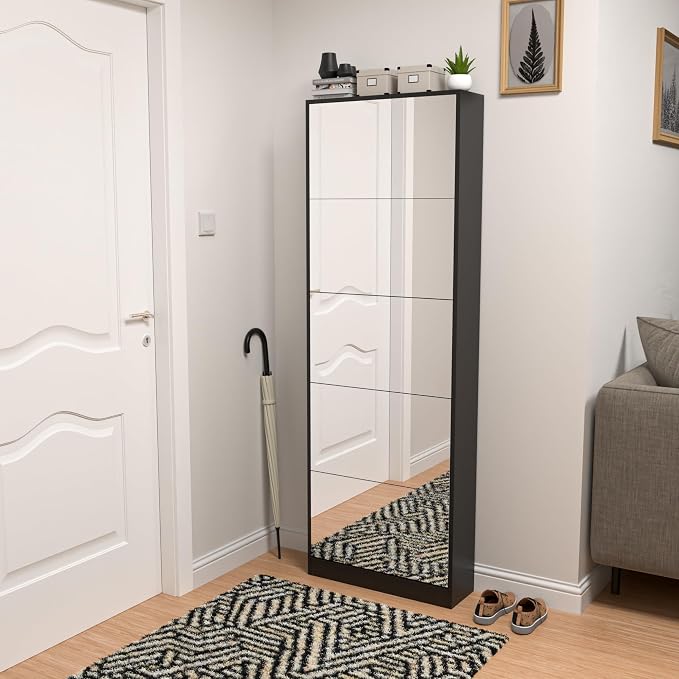 Mirrored Shoe Storage Cabinet with 5 Flip Drawers, 15 Pairs | Real Glass Mirror | Fits Men's Size 15 | Narrow Entryway Organizer | Space-Saving | Black