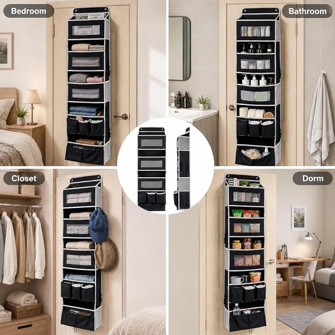 1 Pack Over The Door Organizer Storage, Hanging Organizer Closet with 5 Large Pockets 6 Mesh Pockets, 50 lbs Weight Capacity, Behind Door Storage for Closet Nursery Bedroom Bathroom (Black)
